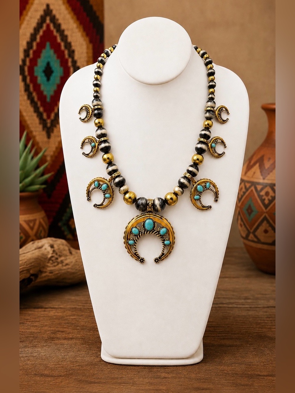 Carolyn Pollack Sterling Silver Turquoise Navajo Pearl Squash Blossom Necklace